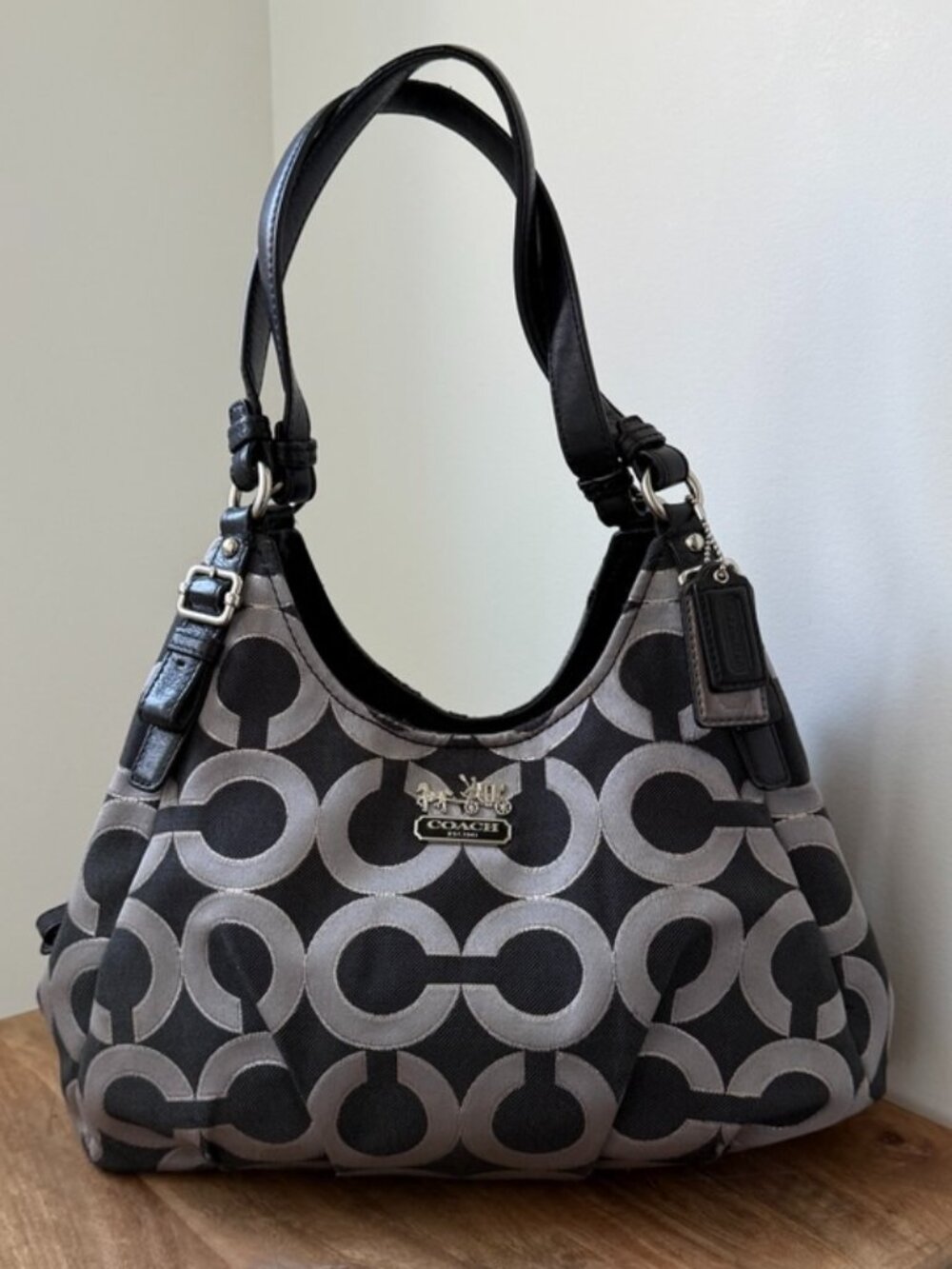 COACH Opt Art Signature Grey Black Hobo Shoulder Bag 18765 - AS IS